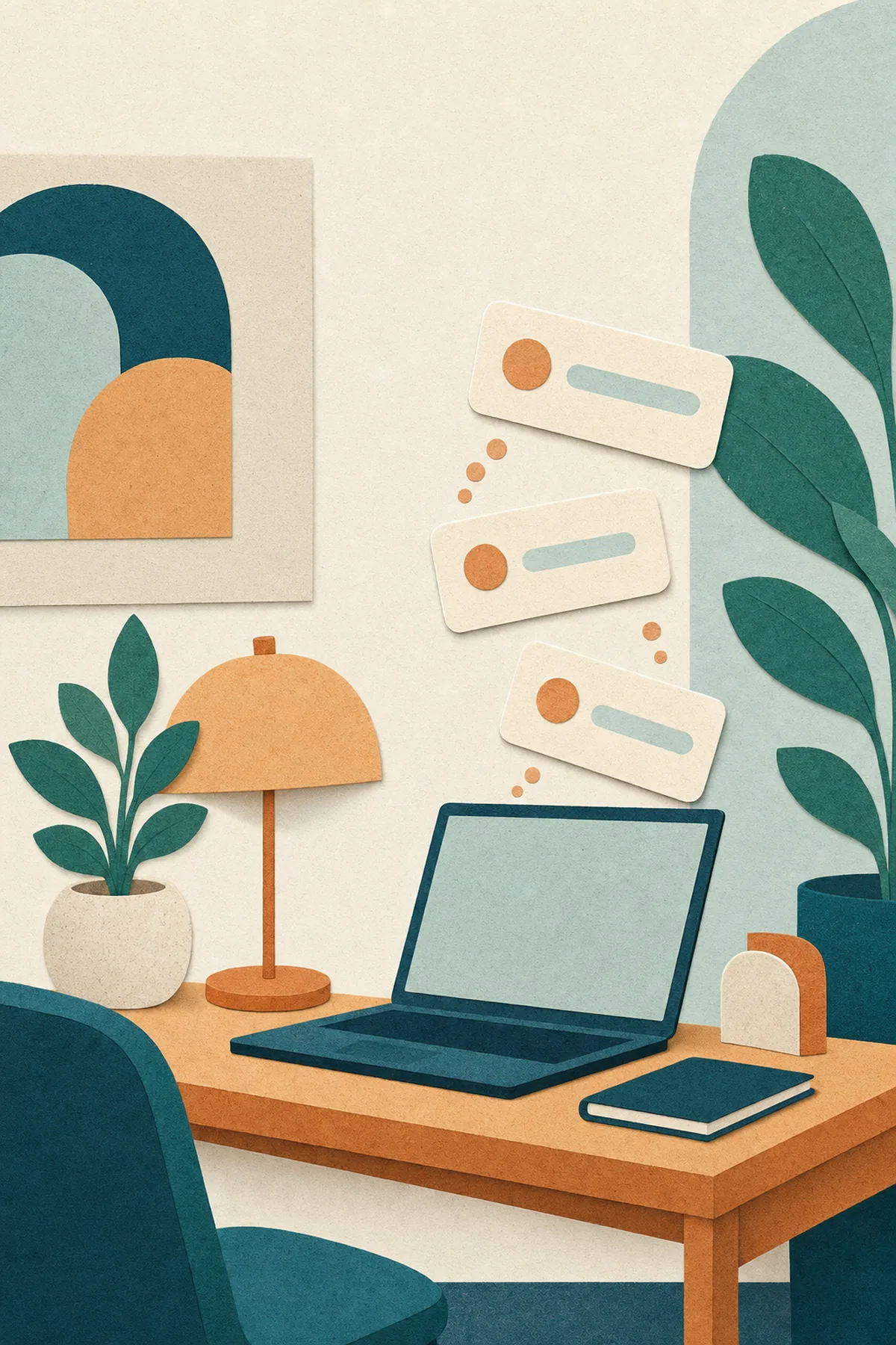Warm paper-cut illustration of a calm therapist at ease while new-client inquiries arrive, in teal and apricot