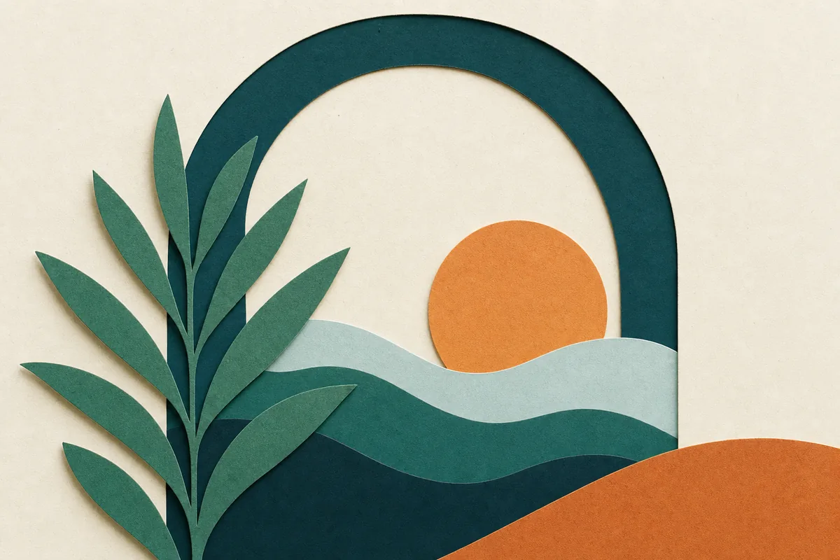 Warm paper-cut illustration of a therapist reviewing new-client inquiry reports at a laptop, in teal and apricot