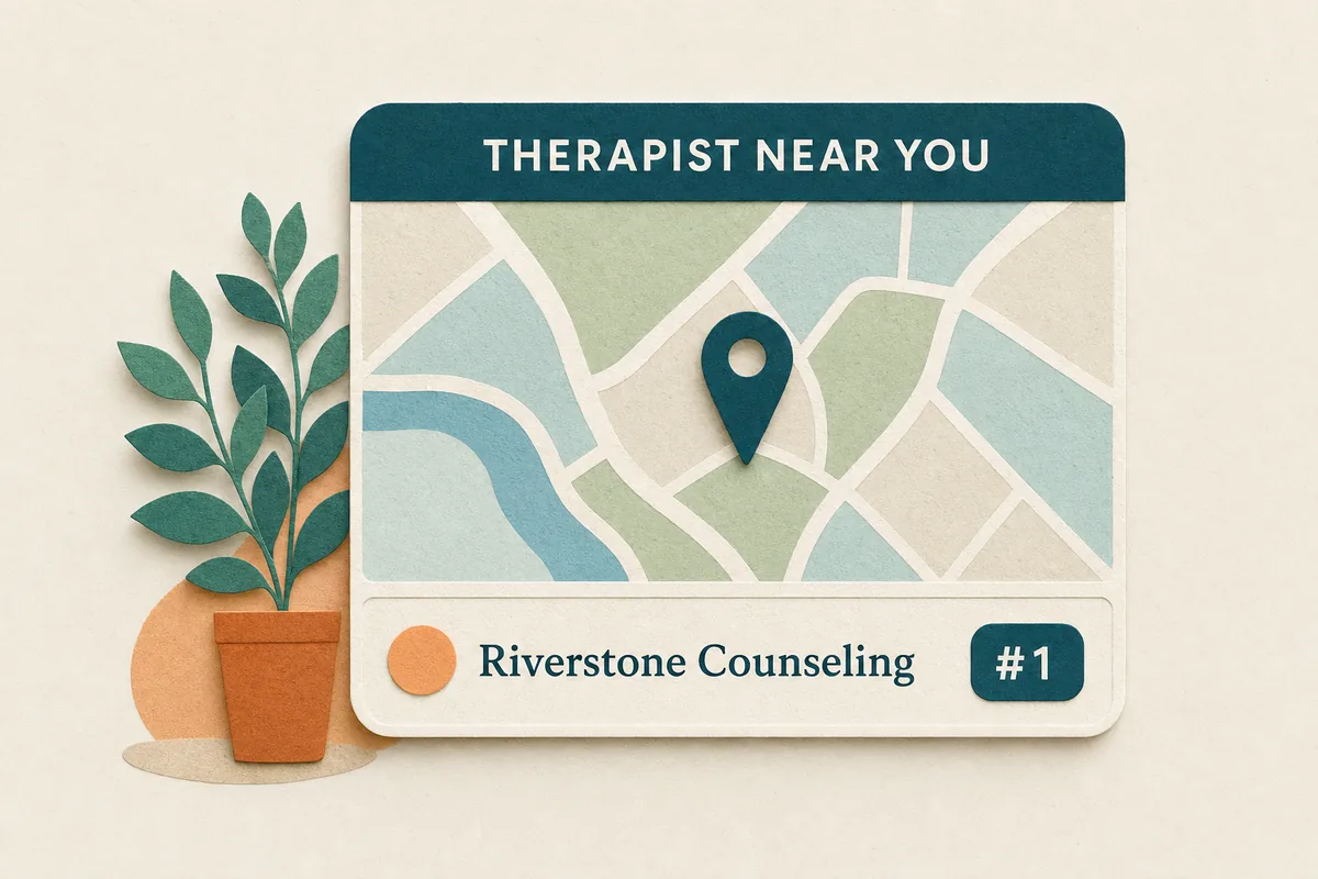 Paper-cut illustration in teal and apricot of someone searching for a therapist, finding your practice at the top, and reaching out