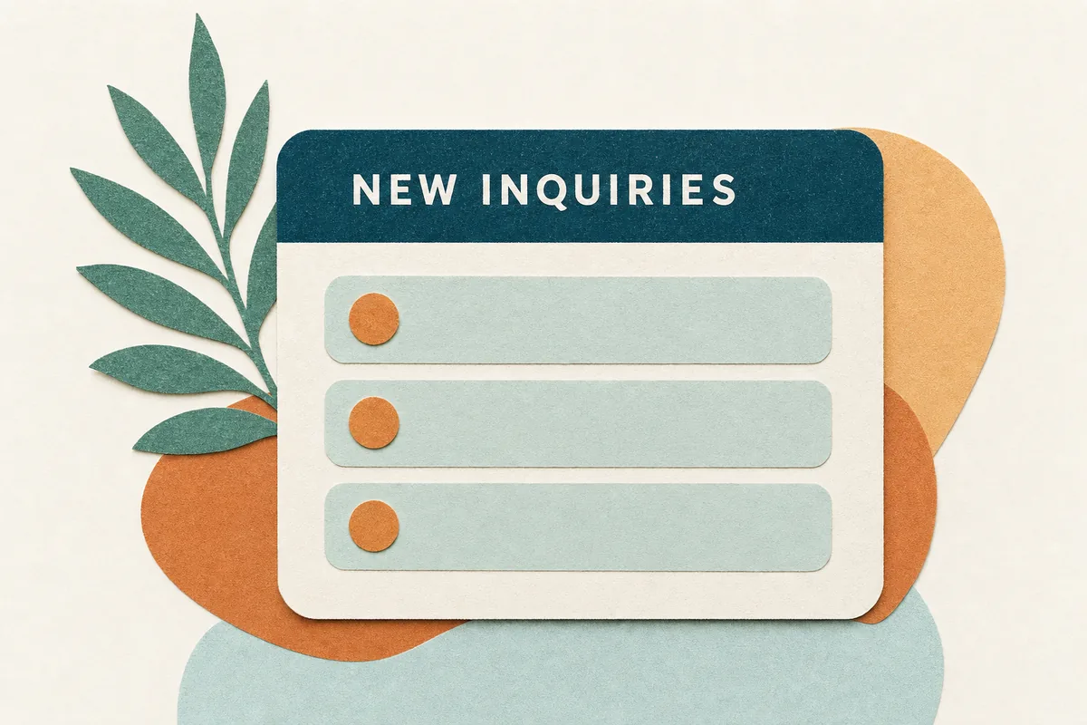 Warm paper-cut illustration of a phone showing a #1 Google ranking and a new therapy client inquiry, in teal and apricot