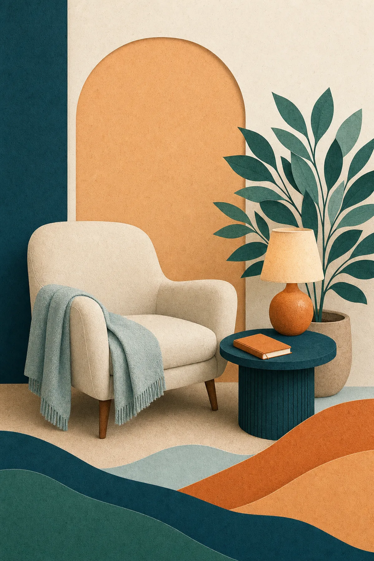 Paper-cut illustration in teal and apricot of a calm office corner with a plant, a journal, and a laptop on a wooden table