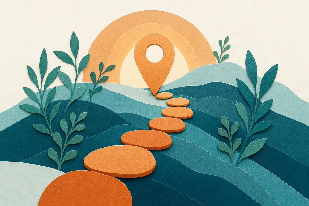 Paper-cut illustration of a winding path of seven stepping stones leading toward a glowing location pin, apricot stones on teal ground