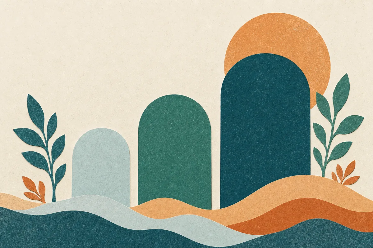 Paper-cut illustration of three ascending teal arches of increasing size with an apricot sun rising behind the tallest, representing choosing between three tiers of SEO companies