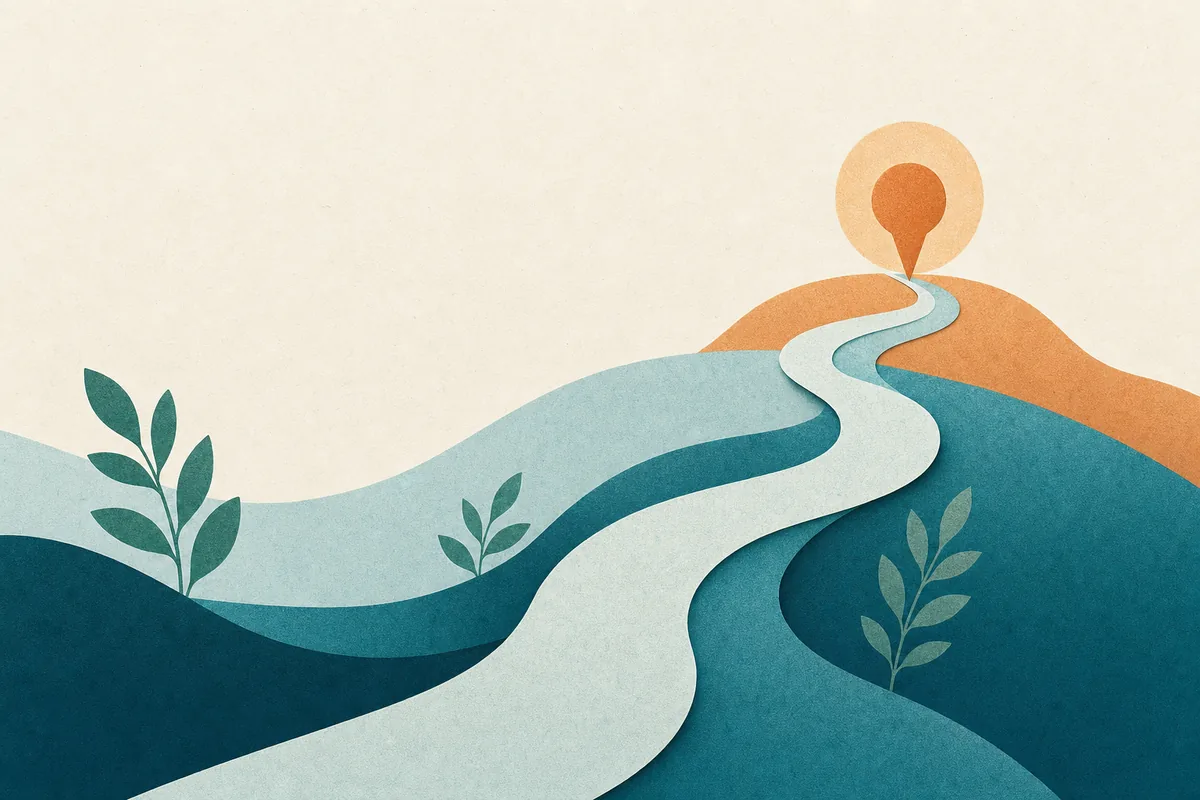 Paper-cut illustration of a winding search path in teal flowing toward a single glowing apricot marker, surrounded by calm wave shapes