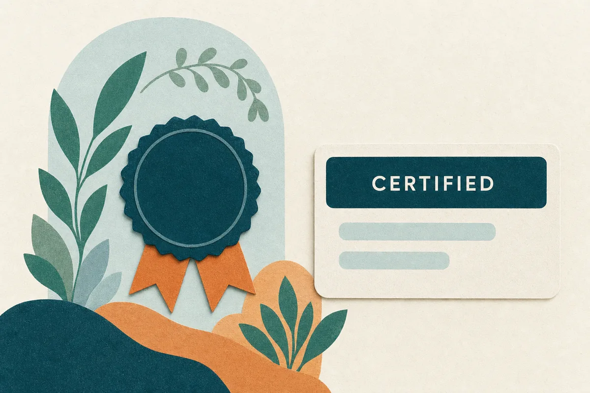 Paper-cut illustration of a teal ribbon seal beside a clean UI card with a deep teal header, gentle arch and foliage shapes around it