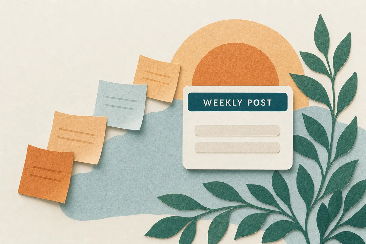 Paper-cut illustration of a stack of small cards being added to a profile panel, with foliage and a sunrise arch, and one clean UI card