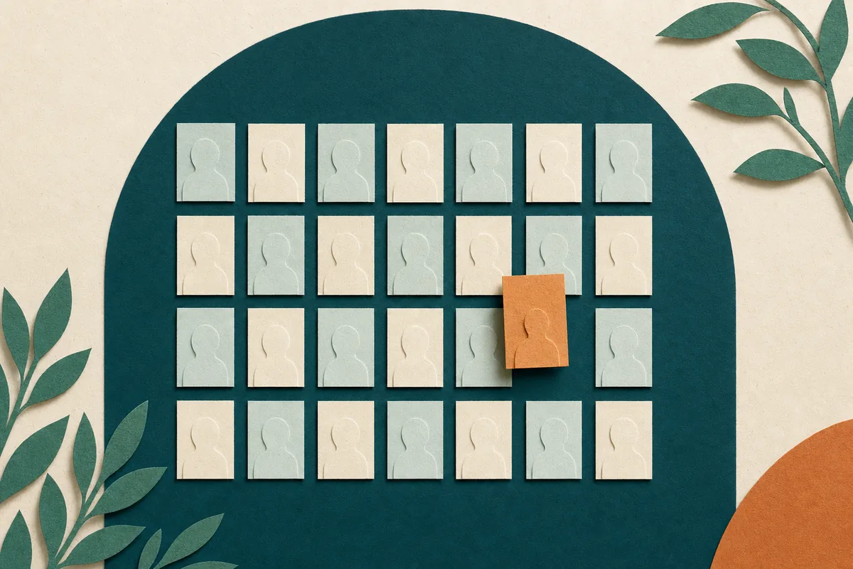 Paper-cut illustration of a wall of identical small profile cards in mist blue with one apricot card standing apart, teal arch overhead