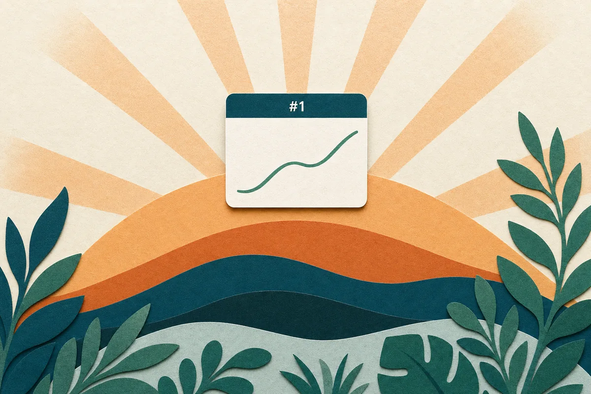 Paper-cut illustration of a small teal website card labeled #1 at the top of a rising sunrise arc, apricot rays and foliage shapes around it