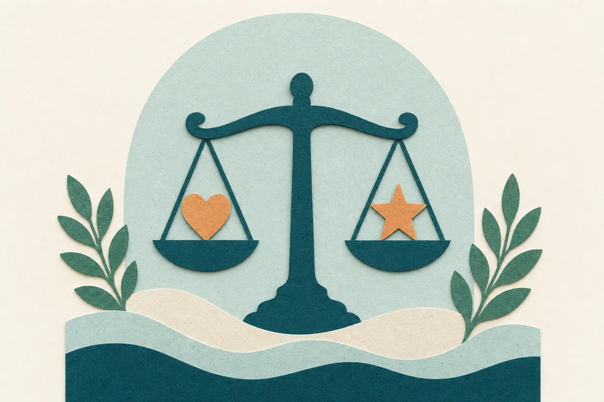 Paper-cut illustration of a balanced scale in teal holding a small apricot heart on one side and a star shape on the other, with soft arch and wave shapes behind it