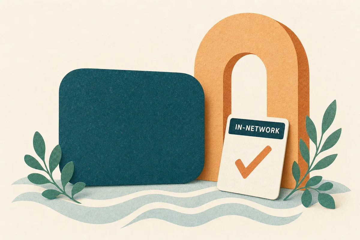 Paper-cut illustration of a large teal insurance card shape beside an apricot arch doorway, with a small UI card showing a checkmark, wavy mist-blue lines beneath