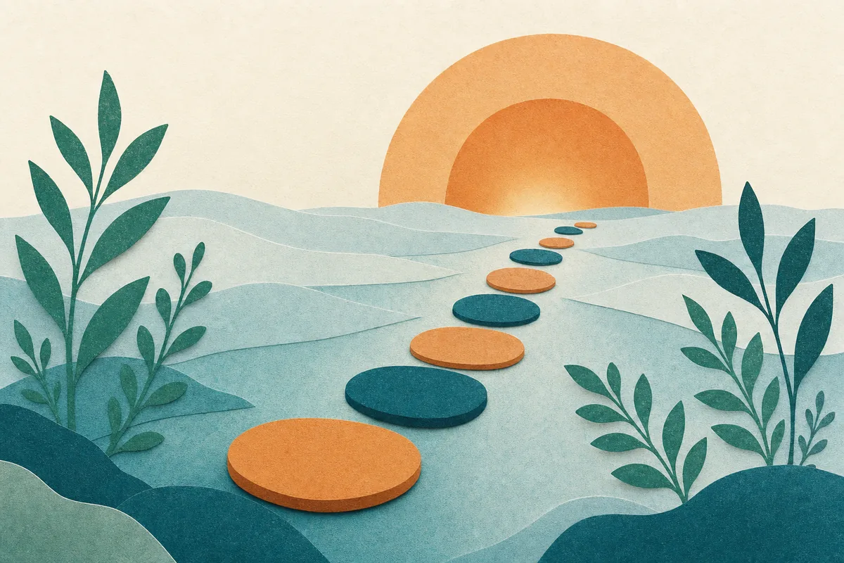 Paper-cut illustration of stepping stones in apricot and teal rising across gentle mist-blue waves toward a sunrise arch, foliage sprigs at the edges