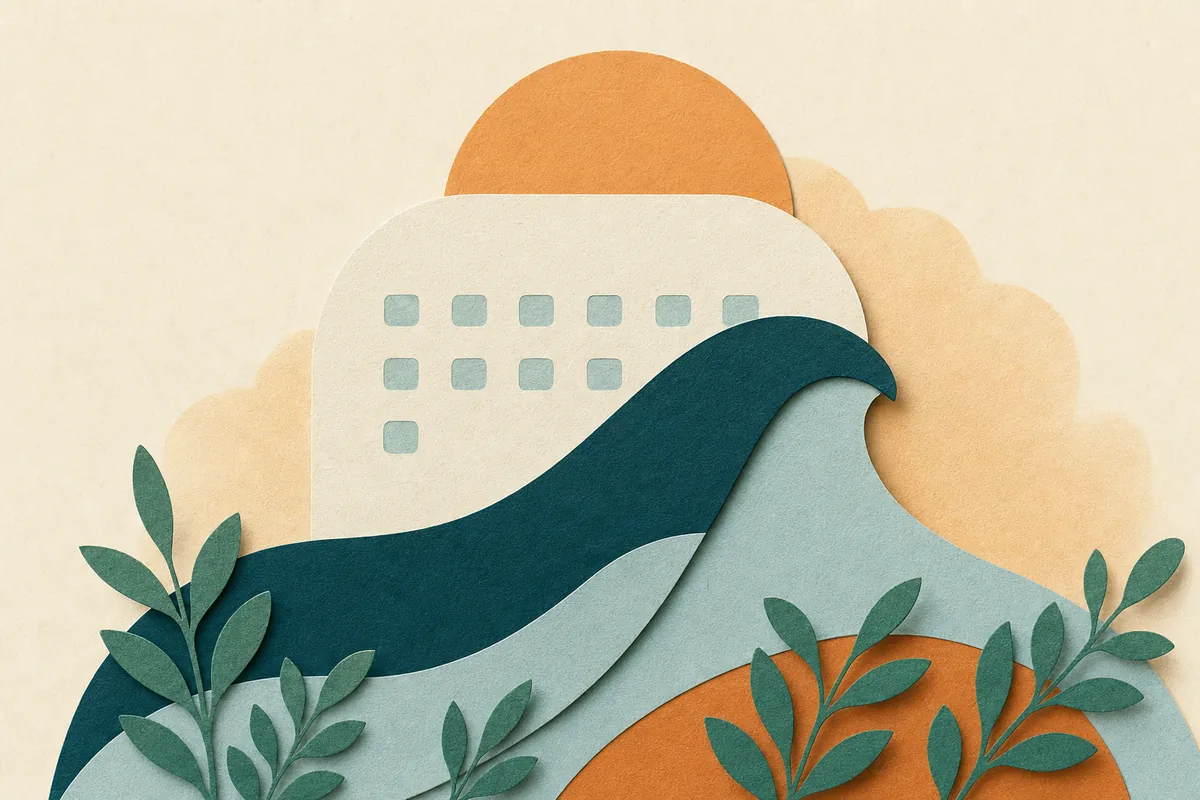 Paper-cut illustration of a rising wave curve in teal cresting over a calendar-like arch, with an apricot sunrise and foliage sprigs, on warm off-white