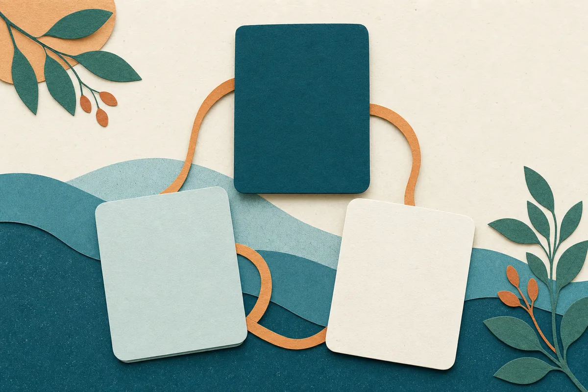 Paper-cut style illustration of three cards arranged in a triangle connected by flowing apricot lines over soft teal waves, representing linked clinician, specialty, and location pages