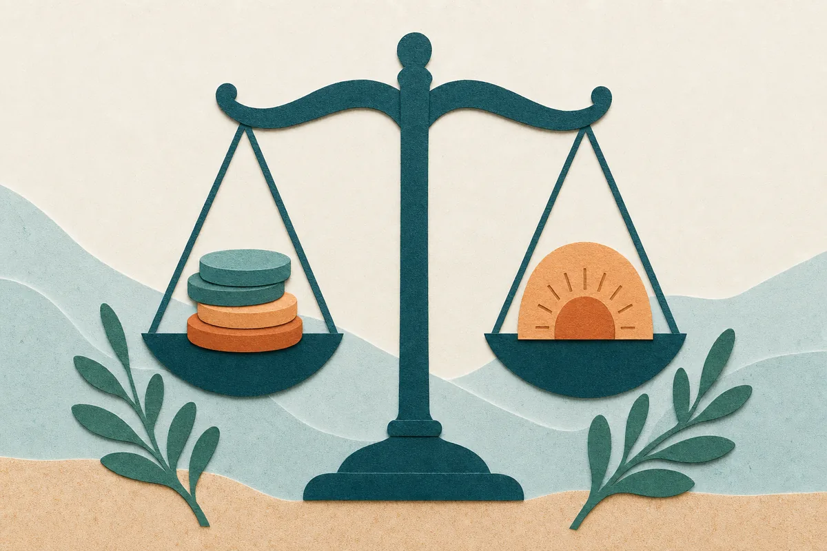 Paper-cut illustration of a balance scale with teal coins on one side and an apricot sunrise arch on the other, foliage sprigs beneath, on warm off-white