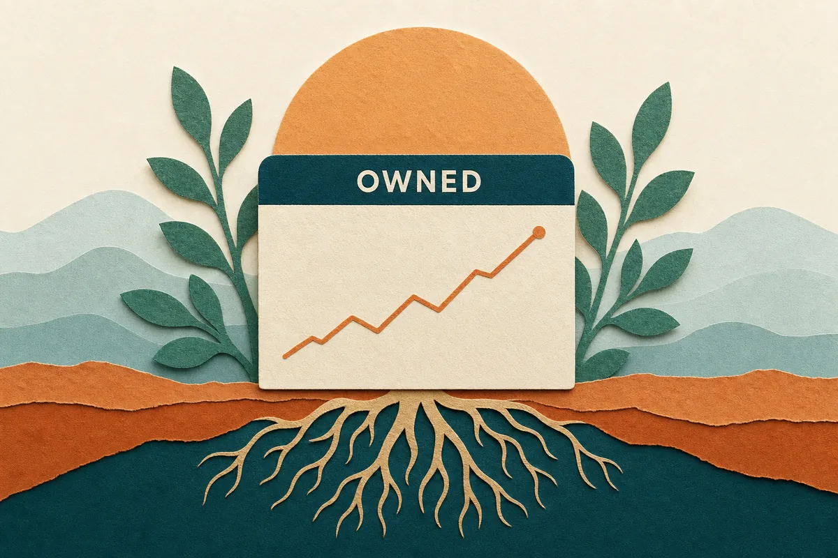 Paper-cut illustration of a single storefront-style website card with a deep teal header, rooted like a plant with foliage growing from its base, apricot sunrise behind, representing a website as an owned asset that compounds