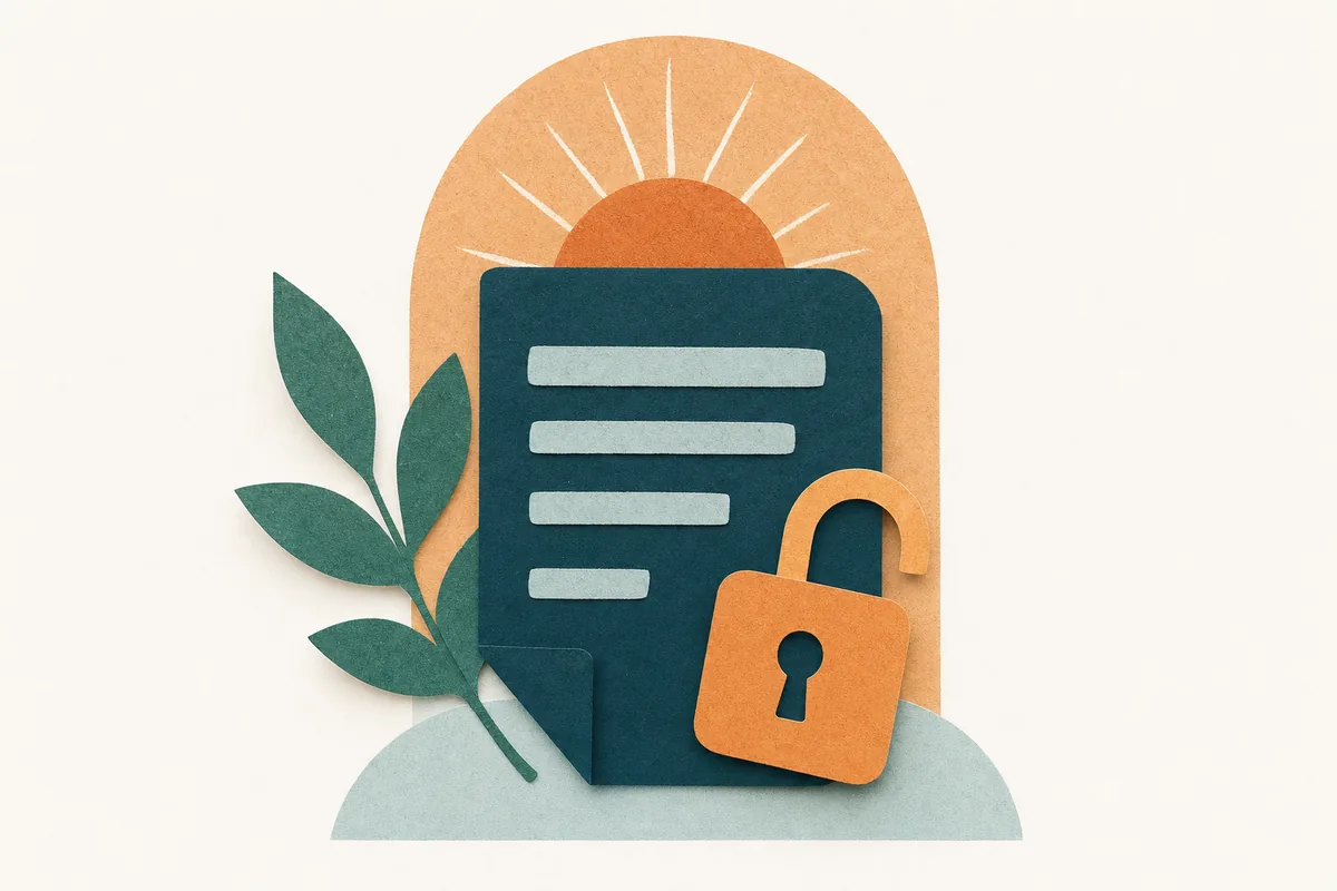 Paper-cut illustration of a teal document with an apricot open padlock resting on it, on warm off-white, representing a contract you are free to leave