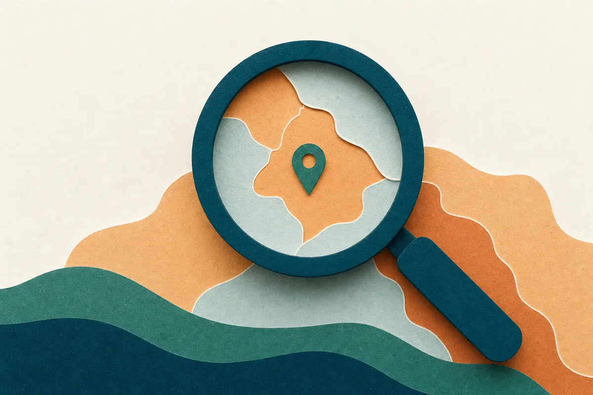 Paper-cut illustration of a small teal magnifying glass over layered apricot and mist-blue map shapes, on warm off-white, representing checking local keyword data before signing
