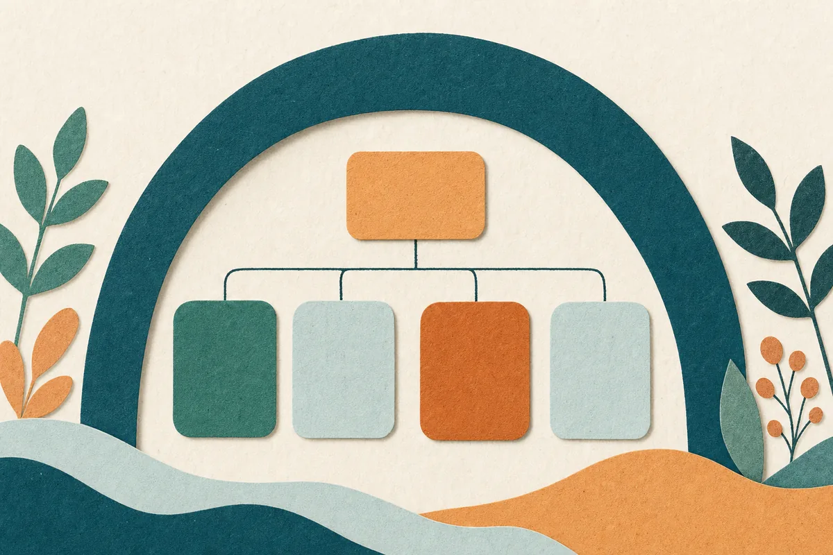 Paper-cut illustration of a layered website structure, a large teal arch sheltering smaller apricot page shapes connected by lines, with foliage accents