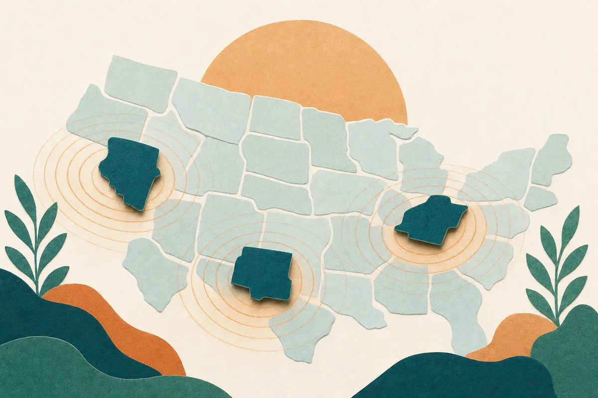 Paper-cut map of loosely abstract state shapes in mist blue and teal, with apricot ripple circles radiating from a few states to show a teletherapy practice reaching across a licensure map