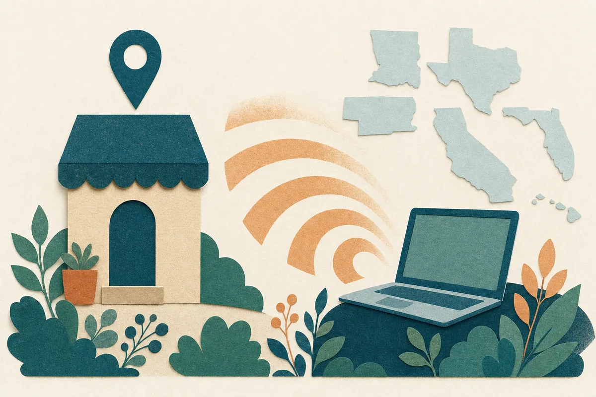 Paper-cut illustration of a single teal storefront pin beside a laptop shape sending gentle apricot signal waves outward, contrasting one physical location with a wide virtual reach