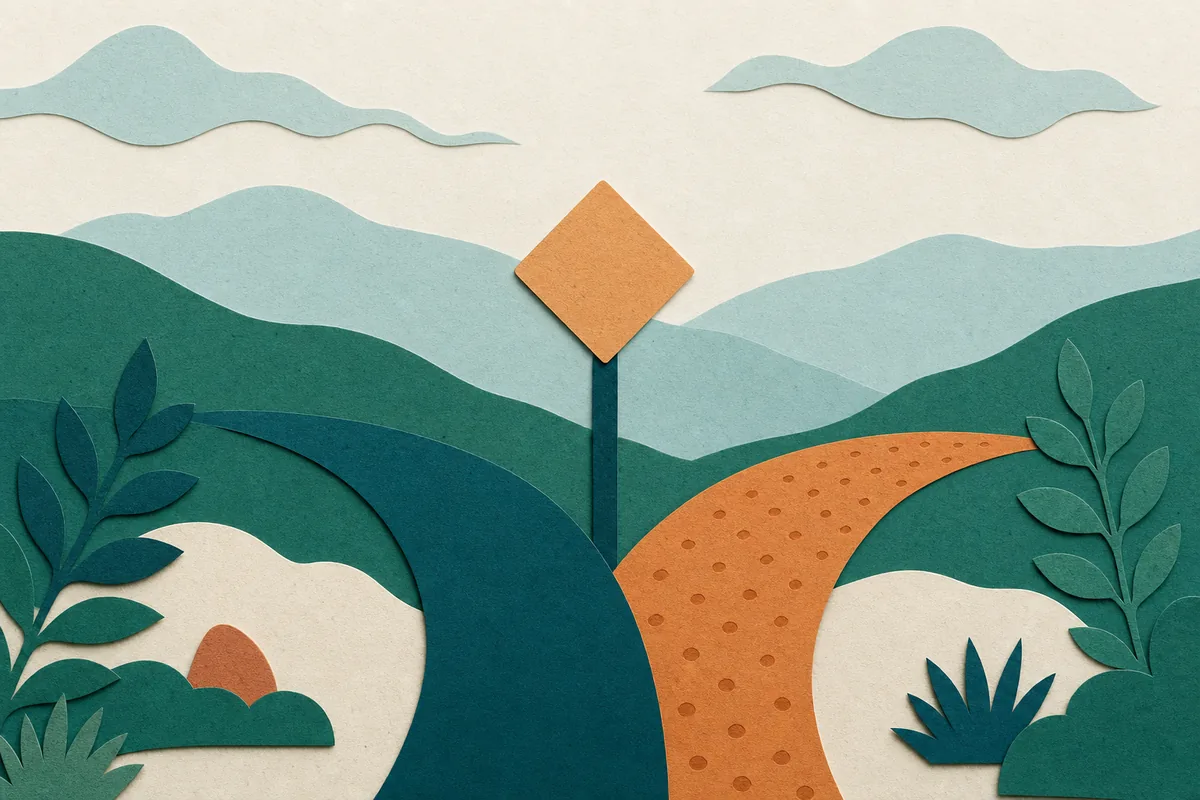 Paper-cut illustration of a road forking around a warning sign shape, deep teal path and apricot path diverging across mist-blue hills, symbolizing SEO pricing red flags and choices