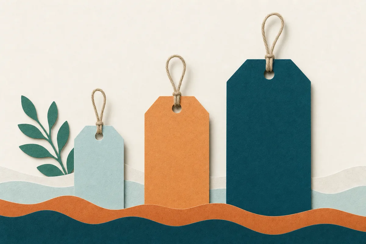 Paper-cut illustration of three stacked price tags in ascending size, teal and apricot on warm off-white, representing the tiers of therapist website pricing