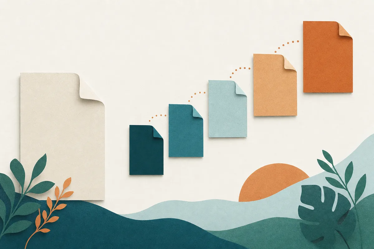 Paper-cut illustration of one large page splitting into a set of smaller specialty pages arranged in a rising row