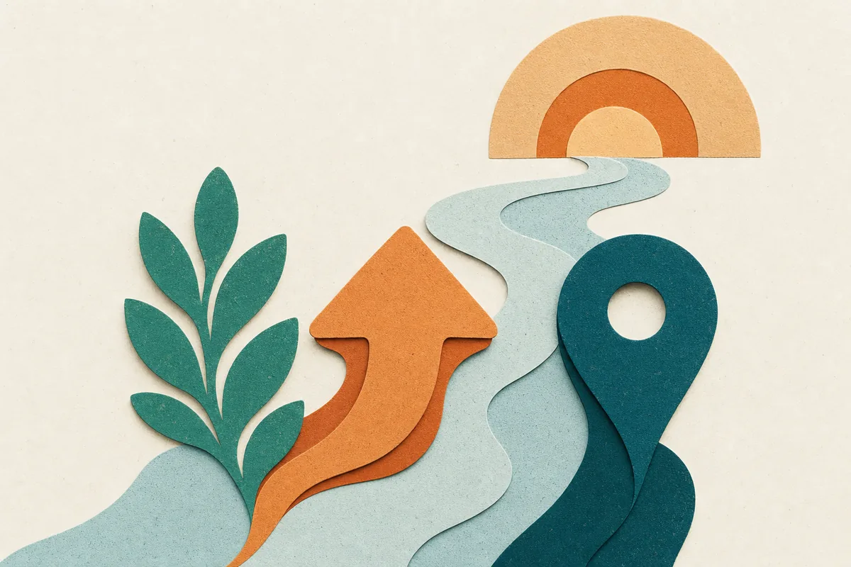 Paper-cut illustration of three interlocking shapes labeled with a leaf, an arrow, and a map pin flowing together into one river, representing specialty, intent, and location combining into one keyword