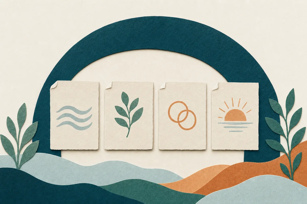 Paper-cut illustration of one large teal arch sheltering a grid of four small distinct pages, each with its own apricot symbol, representing one homepage routing to focused specialty pages