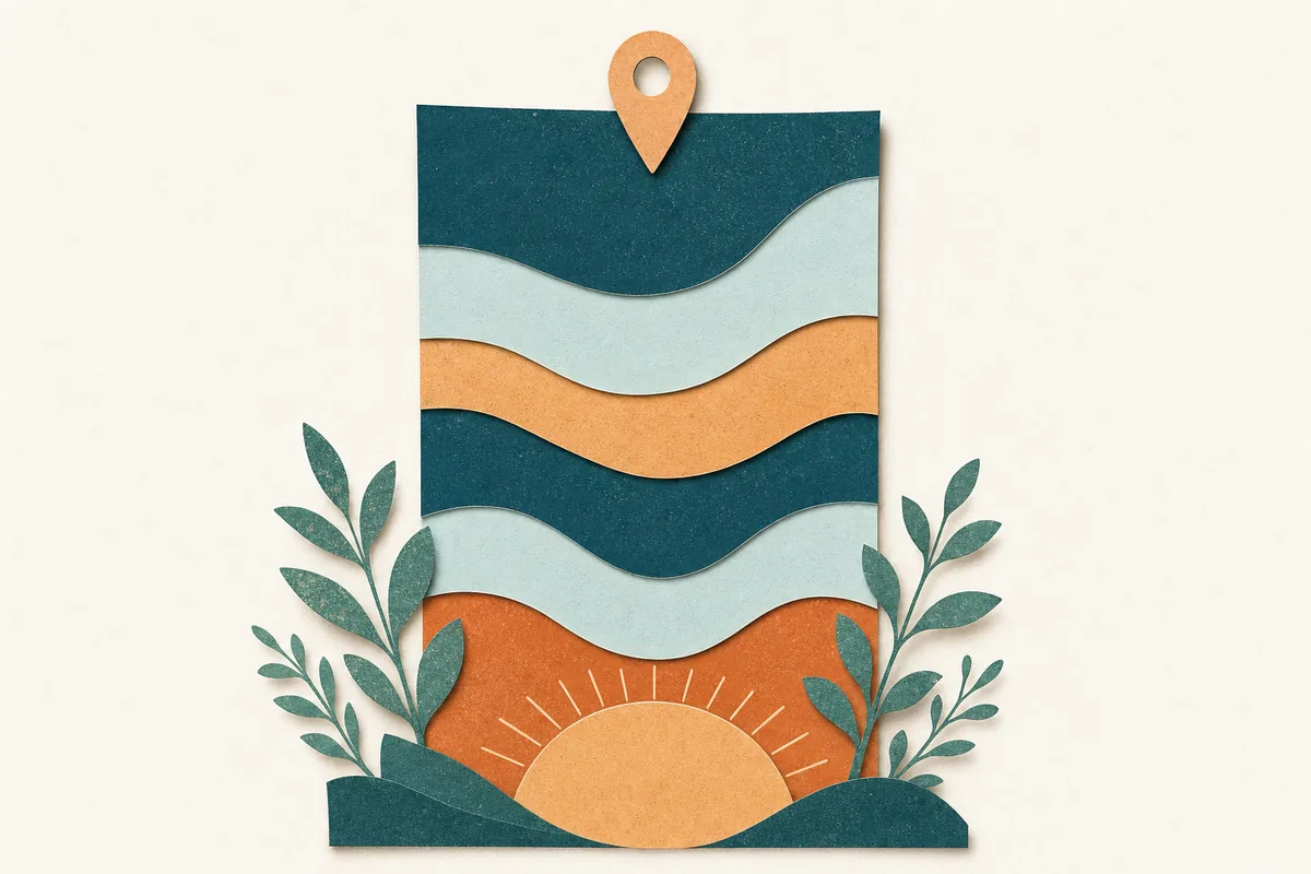 Paper-cut illustration of a single tall page anchored by a map pin, with layered horizontal sections in teal, mist, and apricot flowing downward like strata into a sunrise base