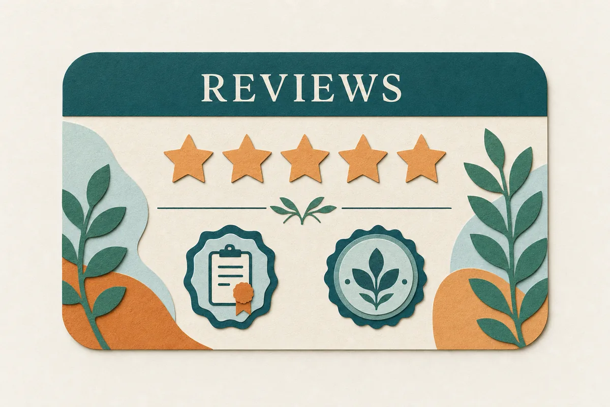 Paper-cut risograph illustration in teal and apricot of a calm therapy office corner with a plant and a UI card showing search keywords.