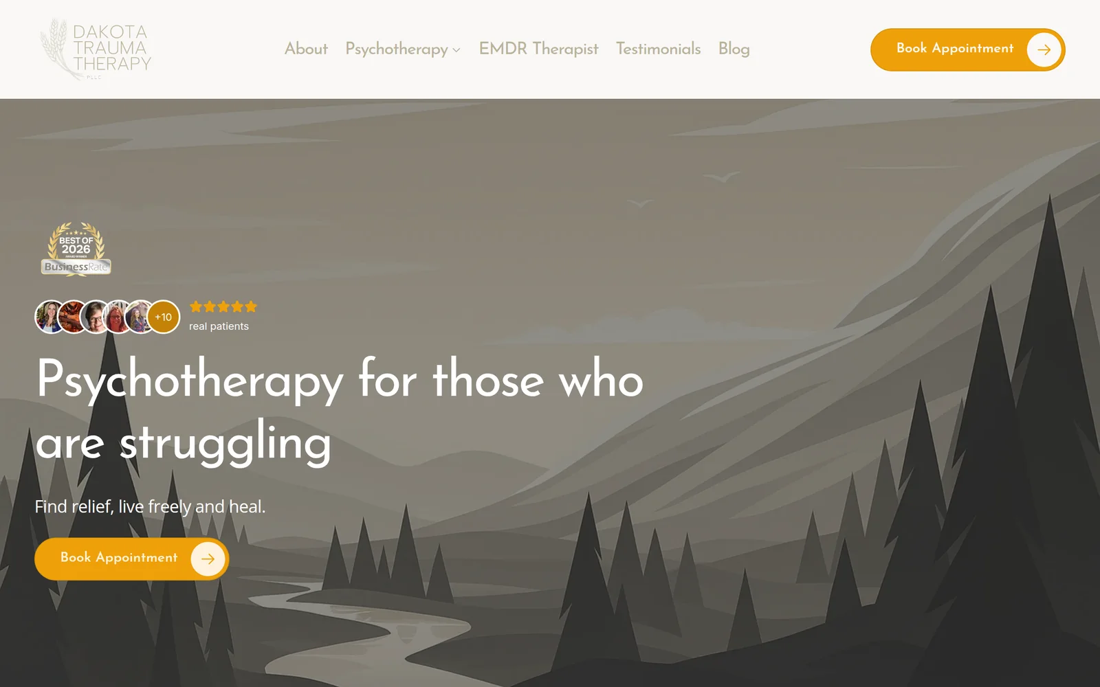 The Dakota Trauma Therapy homepage: a calm hero illustration, real client avatars, and a Book Appointment button