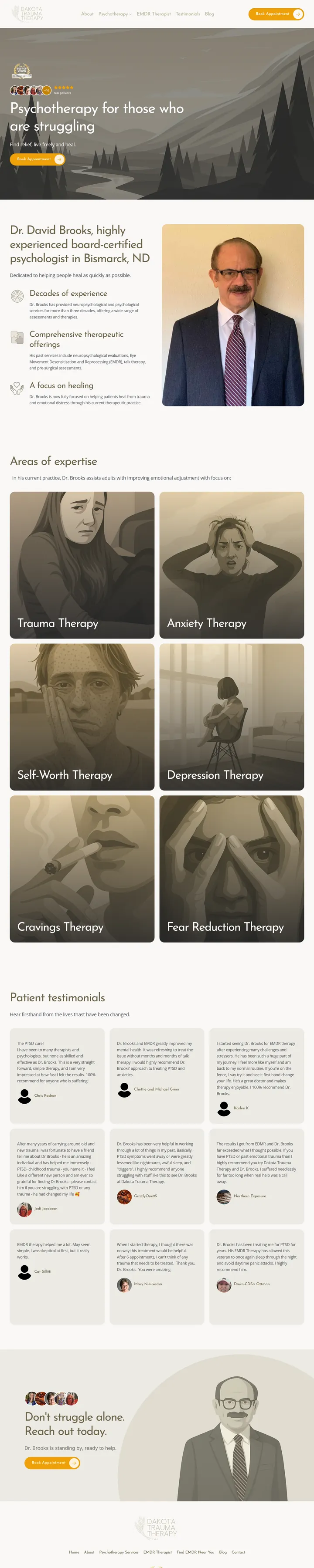 Full-page screenshot of the Dakota Trauma Therapy Home page